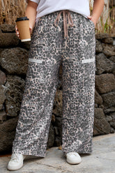 Pantalon ample vert kaki léopard grande taille à bords bruts et poches