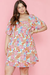 Multicolored babydoll dress with puffy sleeves and square collar