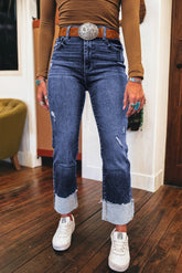 Real-chouillets pliés en tuze jeans droits de taille droite en détresse