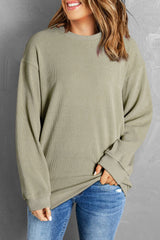 Solid Green Ribbed Knit Crew Neck Sweatshirt