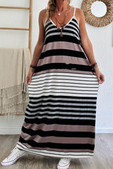 Multicolored long dress with mixed stripes, spaghetti straps, V -neck