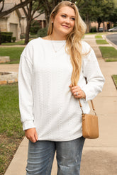 White Plus Size Cable Knit Textured Loose Sweatshirt