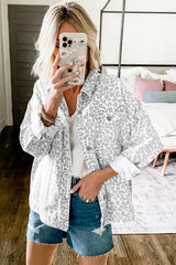 White denim jacket with flap pocket and leopard print