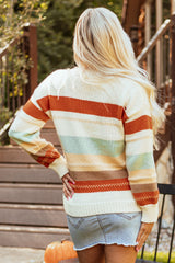Striped sweater color block with round neck and falling shoulders
