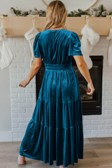 Prussian blue velvet maxi dress with short sleeves and tiered gathered waist