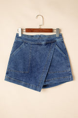 Jupe-short mini en jean bleu à effet portefeuille