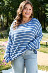 Sky blue striped sweater with dropped shoulders, round neck, plus size
