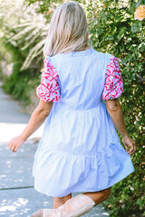 Sky Blue Contrast Floral Striped Tiered Ruffle Dress with Puff Sleeves