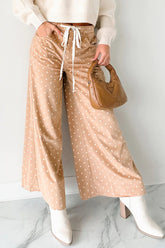 Pantalon large beige à imprimé pois et cordon de serrage