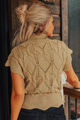 Pull à col haut en tricot ajouré beige clair à bordure festonnée
