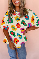 Camiseta de gran tamaño Apricot de leopardo impreso con hombros caídos