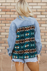 Chaqueta de jeans azul estampado aztecas