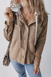 Pale khaki corduroy jacket with hood and drawstring pockets