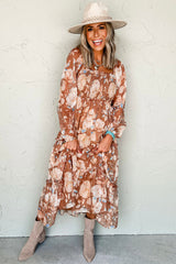 Brown Floral Print Ruched Square Neck High Waist Maxi Dress
