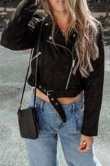 Asymmetrical black jacket with zipper and belted hem