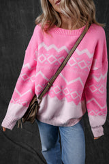 Western Aztec Geometric Drop Shoulder Pink Sweater