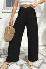 Pantalon ample texturé de couleur unie, couleur noir, taille croisée