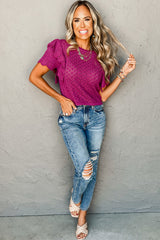 Textured knitting sweater with short sleeves and purple flying