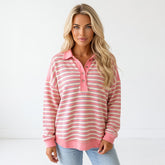 Pink striped high button and v * collar