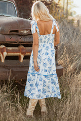 Robe longue sans manches à imprimé floral bleu ciel