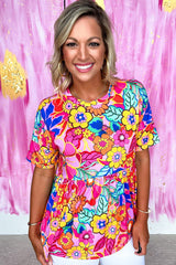 Haut babydoll plissé à manches courtes et imprimé floral rose