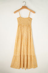 Long yellow flower dress, smocked, high waist, with ruffles