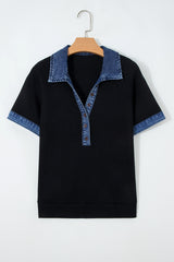 Haut polo à col boutonné en denim noir à maille gaufrée