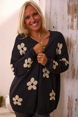 Cardigan ample tricoté noir à imprimé floral *-A WOMAN WE LOVE