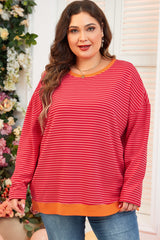 Plus Size Orange Striped Drop Shoulder Long Sleeve Button Down Decorative Top