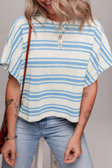 T-shirt pull à manches larges coupe boxy à rayures bleu ciel