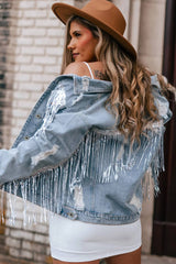Sky blue distressed denim jacket with sequin fringes