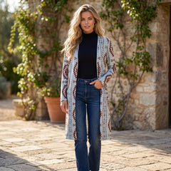 Brown Aztec Western Print Open Front Long Cardigan