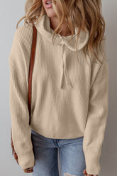 Beige Hooded Sweater with Drawstring and Solid Color Dropped Shoulders