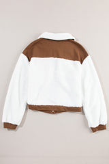 Chestnut corduroy fuzzy jacket with contrasting color blocks and patchwork