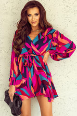 Belted mini dress with puff sleeves and bright red abstract print