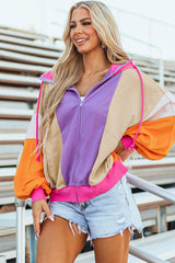 Grapefruit Orange Color Block Patchwork Oversized Zip Up Hoodie