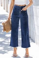 Jean large bleu raccourci à taille haute et boutons devant