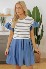 Black mini-ride with stripes and flies in Denim Patchwork in Round Col