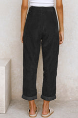 Straight pants high in black ribbed velvet