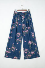 Jean large bleu fleuri à taille haute élastiquée, cordon et plis