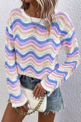 Drozel -knitted shoulder sweater wavy poop with purple stripes