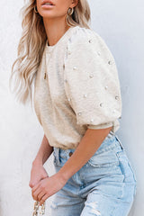 Light gray high with mid-long puffing sleeves with pearls and rhinestones