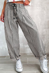 Pantalon ample rayé en coton à cordon et poches