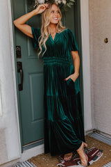 Evergreen Velvet Long Dress with Short Sleeves and Tiered Ruched Waist