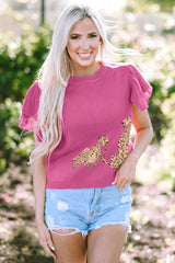 Round neck knitting sweater and pink leopard ruffle sleeves