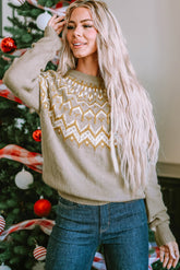 Grey Geometric Pattern Ribbed Crew Neck Sweater
