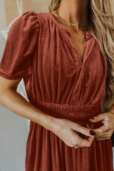 Chestnut velvet maxi dress with short sleeves and tiered gathered waist