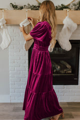 Red Dahlia Velvet Maxi Dress with Short Sleeves and Tiered Ruched Waist