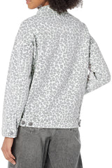 White denim jacket with flap pocket and leopard print
