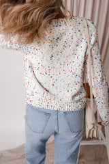 Cardigan pull à confettis multicolores à décor de strass blanc-A WOMAN WE LOVE